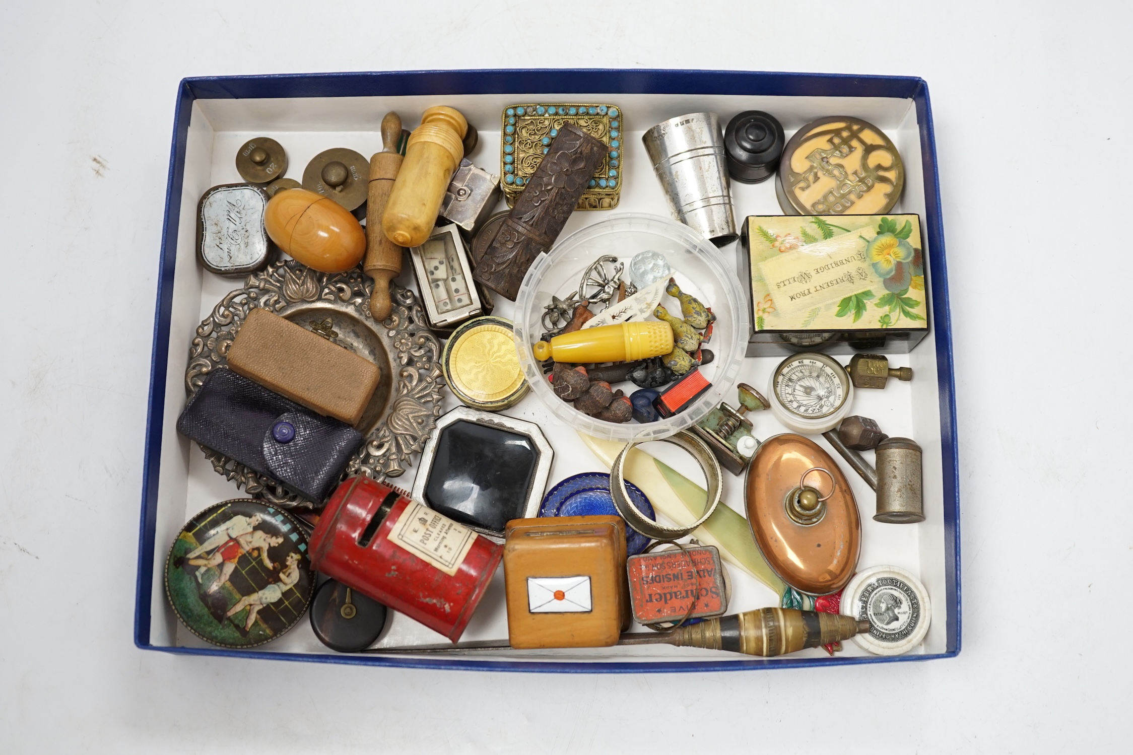 Mixed collectables to include enamel boxes, graduated weights, treen, a novelty post box money tin, etc. Condition - fair to good